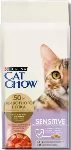 Purina Cat Chow, hrană uscată pentru pisici, în sortiment (în imagine: Sensitive, pasăre și somon), 1 kg, vrac