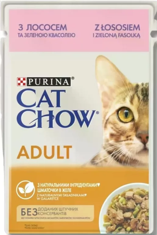 Purina Cat Chow Adult, hrană umedă pentru pisici adulte, bucăți în aspic, în sortiment (în imagine: somon și fasole verde), 85 g