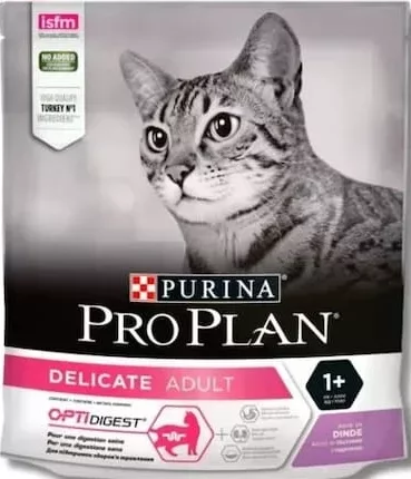 Purina Pro Plan, hrană uscată pentru pisici, în sortiment (ilustrat: Delicate Adult 1+ OptiDigest cu curcan), 400 g