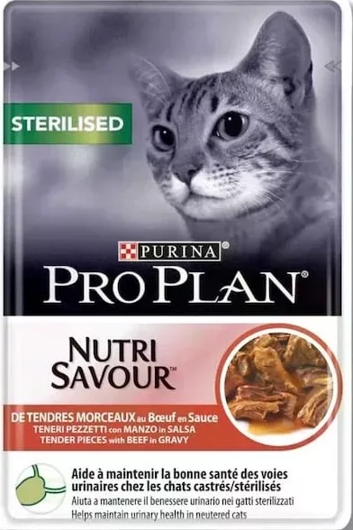 Purina Pro Plan, hrană umedă pentru pisici, în sortiment (ilustrat: Nutri Savour Sterilised, bucăți fragede cu vită în sos, pentru pisici sterilizate), 85 g