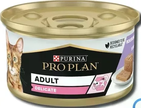Purina Pro Plan, hrană umedă pentru pisici, în sortiment (ilustrat: Adult Delicate), conservă 85 g