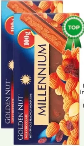 MILLENNIUM GOLD Ciocolată cu lapte, cu migdale întregi și caramelă / cu migdale întregi și stafide, 100 g