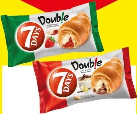 7DAYS Double Croissant, sortiment divers: vanilie-căpșună/cacao-vanilie, 80 g