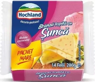HOCHLAND Brânză topită felii, smântână / șuncă / cașcaval, 23% / 45% grăsime, 280 g, 14 felii