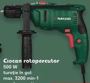 PARKSIDE Ciocan rotopercutor, 500 W, turație în gol max. 3200 min⁻¹, număr percuție max. 49000 min⁻¹, include accesorii, 1 buc