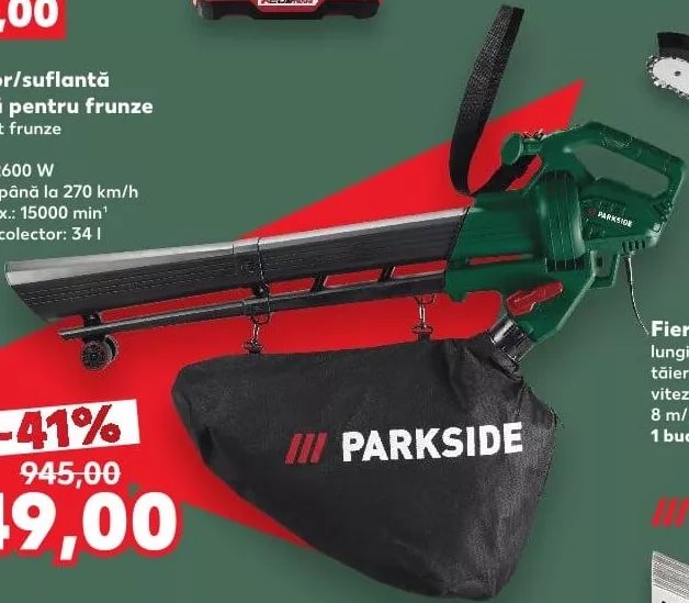 PARKSIDE Aspirator / suflantă electrică pentru frunze, 3 în 1, motor 2600 W, viteză aer până la 270 km/h, turație max. 15000 min⁻¹, volum sac colector 34 l, 1 buc