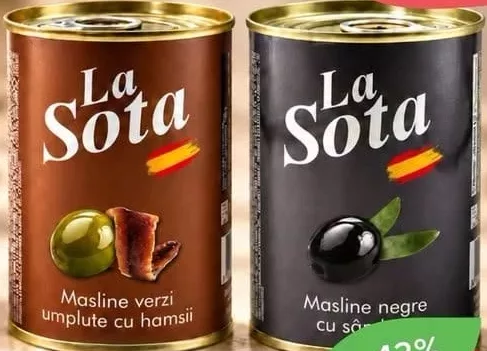 Măsline/olive La Sota, verzi umplute cu hamsii / negre cu sâmburi, 300 ml / 90 g