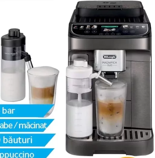 Automat de cafea De’Longhi ECAM330.80.TXB Magnifica Duo, 15 bar, boabe / măcinat, 20 băuturi, Cappuccino