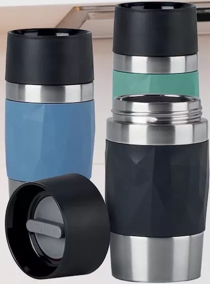 Cană termos Tefal N2160110 / N2160210 / N2160310, 0,3 l (300 ml), păstrează căldura 3 ore și rece 6 ore, inox/plastic