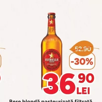 Bere blondă pasteurizată filtrată Estrella Damm, 0.66L