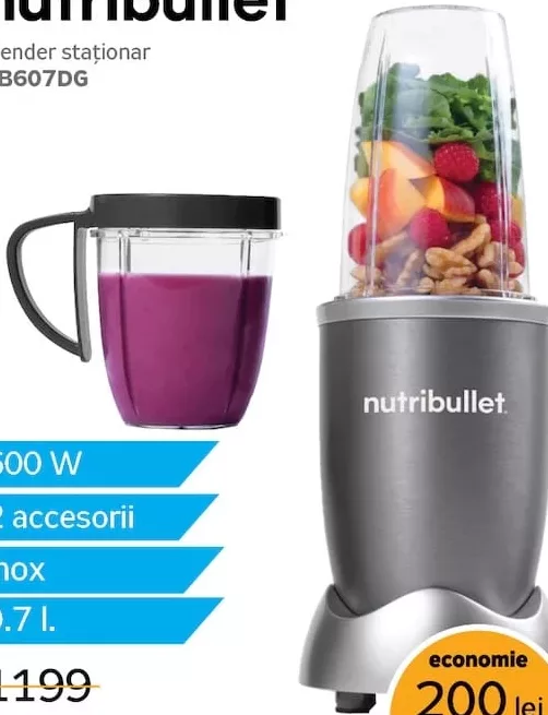 Blender staționar Nutribullet NB607DG, 600 W, 2 accesorii, inox, 0,7 l