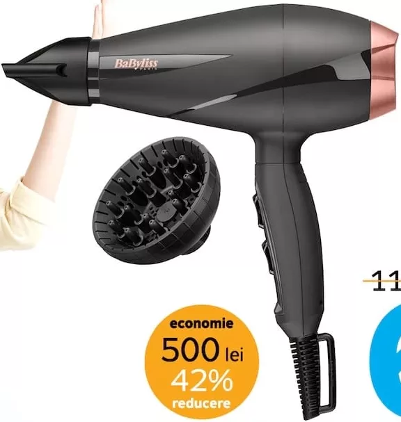 Uscător de păr BaByliss 6709DE, 2100 W, 3 niveluri de temperatură, ionizare, motor AC