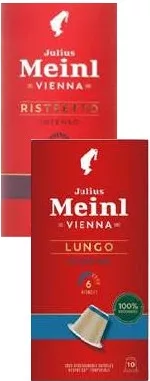 JULIUS MEINL cafea capsule, diverse sortimente, 10 × 5,6 g; 1–2 bucăți: 94,90 lei/cutie (de la 3 bucăți: 89,90 lei/cutie)