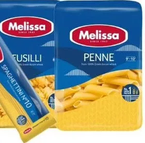 Paste „Melissa” în sortiment: Spaghettini No 10/Fusilli/Penne, 500 g; 15–28.10