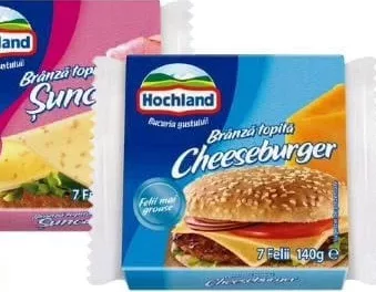 Brânză topită felii „Hochland” în sortiment: șuncă/Cheeseburger, 7 felii, 140 g; 15–28.10