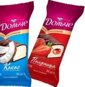 Brânzică glazurată „Dolce” în sortiment: cocos/căpșuni, 36 g; 15–28.10
