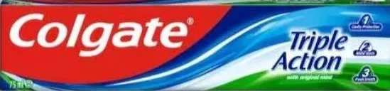 Pastă de dinți COLGATE Triple Action, 100 ml pe eticheta ofertei; cutia ilustrată indică 75 ml