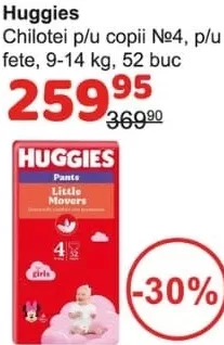 Huggies chiloței fete nr. 4, 9–14 kg, 52 buc