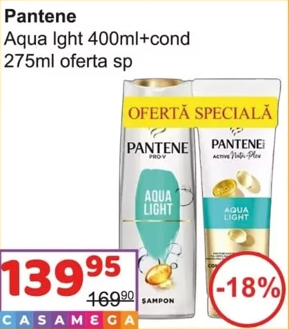 Pantene Aqua Light șampon 400 ml + balsam 275 ml — cu card Casa Mega, 10.10–23.10, max. 5 buc/card