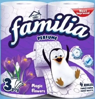 Hârtie igienică Familia, 2 straturi, 4 role — Text ofertă: 2 straturi, 4 role; imaginea indică «8 ply». — În limita stocului; disponibilitatea diferă între magazinele Family Market.