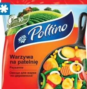 Mix de legume Poltino pentru tigaie; masa este contradictorie: 400 g în descriere, 450 g pe ambalaj, preț unitar afișat 79,96 lei/kg; Disponibil în magazine selectate Linella.