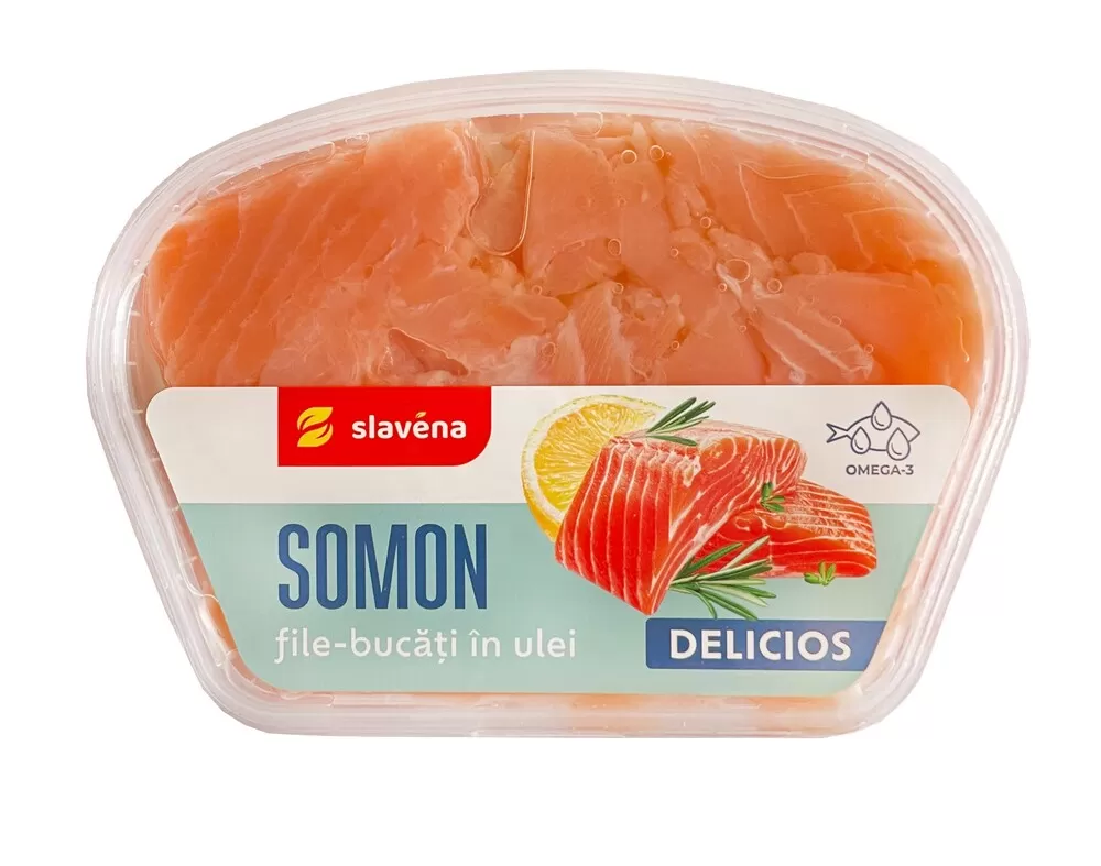 Slavena Lux bucăți de somon în ulei, 200 g