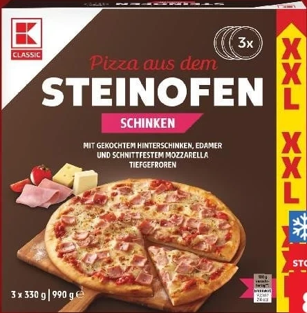 K-Classic pizza pe vatră cu șuncă, 3 x 330 g