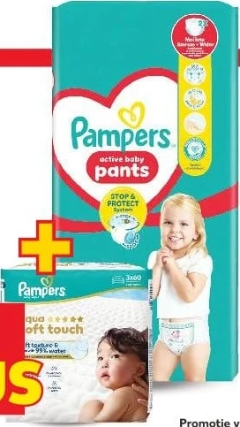 Pampers Active Baby Pants scutece pentru copii, mărimea 3/4/5/6/7, 76/66/56/48/38 buc + Pampers șervețele umede pentru copii Aqua, 3 x 60 buc