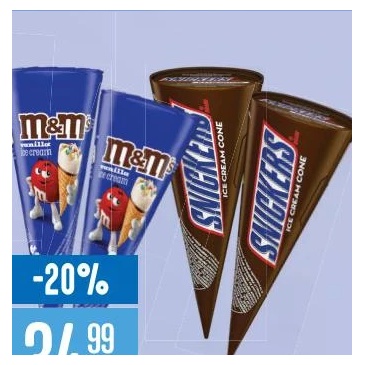M&M's/Snickers înghețată cornet 110 ml, diverse sortimente