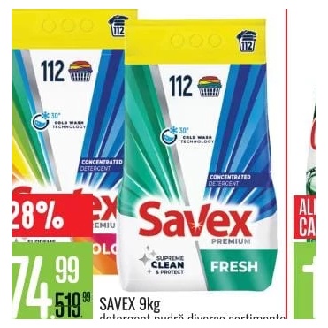Savex detergent pudră 9 kg, diverse sortimente