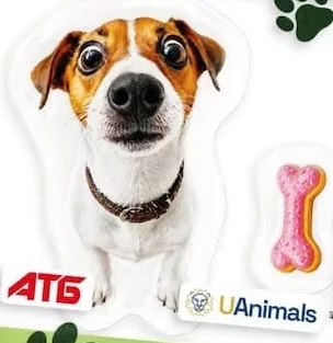 Благодійна наліпка АТБ/UAnimals: собака й рожева кісточка; 30.09–27.10.2026 вкл.; за наявності в магазині, запас обмежений; крім тимчасово окупованих територій; 100% прибутку — UAnimals.