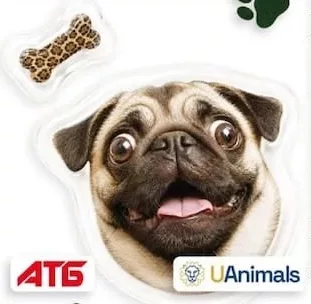 Благодійна наліпка АТБ/UAnimals: мопс і плямиста кісточка; 30.09–27.10.2026 вкл.; за наявності в магазині, запас обмежений; крім тимчасово окупованих територій; 100% прибутку — UAnimals.