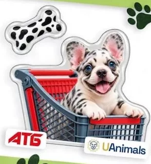 Благодійна наліпка АТБ/UAnimals: собака у візку й плямиста кісточка; 30.09–27.10.2026 вкл.; за наявності в магазині, запас обмежений; крім тимчасово окупованих територій; 100% прибутку — UAnimals.
