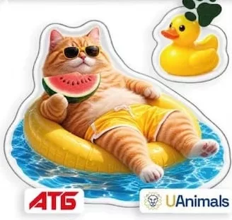 Благодійна наліпка АТБ/UAnimals: кіт на крузі, кавун і качечка; 30.09–27.10.2026 вкл.; за наявності в магазині, запас обмежений; крім тимчасово окупованих територій; 100% прибутку — UAnimals.