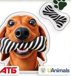 Благодійна наліпка АТБ/UAnimals: собака й смугаста кісточка; 30.09–27.10.2026 вкл.; за наявності в магазині, запас обмежений; крім тимчасово окупованих територій; 100% прибутку — UAnimals.