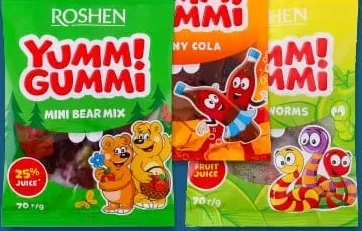Цукерки Yummi Gummi Fizzy Worms / Funny Cola / Mini Bear Mix ТМ Рошен, 70г. 28.09–11.10.2026; ЛотОК, Київ/Київська обл.; за наявності; грн з ПДВ.