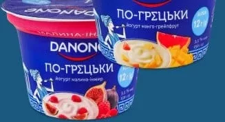 Йогурт По-грецьк Малина-Інжир / Манго-Грейпфрут 3,5% ТМ Данон, 150г за підписом. 28.09–11.10.2026; ЛотОК, Київ/Київська обл.; за наявності; грн з ПДВ.