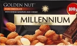 Шоколад чорний MILLENNIUM Golden Nut, з цілим мигдалем та печивом, 100 г; 28.09–18.10