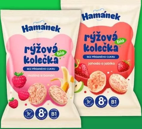 Снеки органічні рисові, малина-банан/полуниця-яблуко, Хаманек, 35 г, 8+ міс.; значок без цукру, пак. без доданого цукру; Чехія; 29.09.26–12.10.26; UAH з ПДВ; не всі VARUS; до вичерпання обмежених запасів