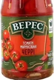 Помідори Верес Черрі мариновані, 440г; 30.09–13.10.26; запас обмеж.; не всі магазини; без опту; крім окупованого Криму й територій нинішніх/минулих бойових дій