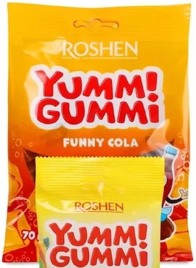 Цукерки ТМ Roshen Yummi Gummi в асортименті, 70 г; зображено Funny Cola, Rainbow Belts, Fizzy Worms; 28.09–11.10.2026