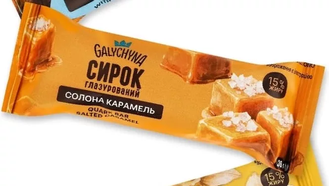 Сирок глазурований ТМ «Галичина» в асортименті, 36 г, 15% жиру; зображено: кокос, солона карамель, аромат ванілі; 28.09–11.10.2026