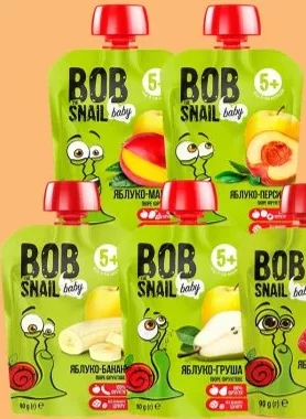 Пюре дитяче фруктове Bob Snail, асорті, 90 г; яблуко з манго/персиком/бананом/грушею; ще 1 смак закрито; пак.: 5+/6+; 29.09–12.10.2026; за наявності в магазині