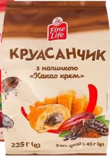 Круасани Fine Life з начинкою, 225 г (5×45 г на пачці): какао, вишня, абрикос, згущене молоко; 62 грн/уп.; 30.09–20.10.2026; лише ТЦ METRO; картка; за наявності; крім ООС/тимчасово окуп. тер.; з ПДВ