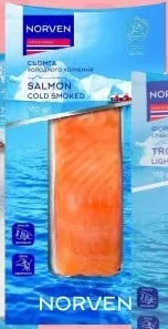 Філе форелі/сьомги NORVEN, 180 г, слабосолене/холодного копчення; 299 грн/уп.; було до 477; −35%; 30.09–20.10.2026; ТЦ METRO, з карткою, ПДВ, за наявності; крім ООС/ТОТ; без доставки/metro.zakaz.ua