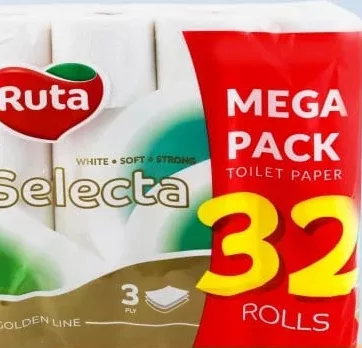 RUTA Selecta папір туалетний 3-шаровий, 32 рул.; лише ТЦ METRO UA, крім ООС/окуп. тер.; з карткою, за наявності; 30.09–20.10.2026; з ПДВ