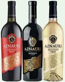 Aznauri вино0,75л: Granato Valley черв.н/сол.9–13%; Сапераві черв.; Ркацителі біле сух.9,5–14% (на фото Alazani Valley); від104,90, було від122,10грн; 18+; 29.09–12.10.2026; кількість обмежена; не оптом. грн з усіма знижками мережі