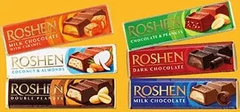 Батончики Roshen: Double Peanuts молочний арахіс 39г; помадно-шоколадна начинка 43г; молочний мигдаль-кокос 38г; крем-брюле 43г; молочний арахіс 38г; молочний карамель 40г. Лише Бадьорий, 01–28.10.26; за наявності акц. товару; можливі ліміти к-ті.