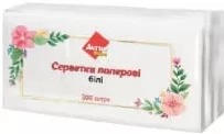 АКТИВ серветки білі, 23×23 см, 200 шт.; Лише Харків/обл.; 01–14.10.2026; запас обмеж., може бути не в усіх магазинах; грн з ПДВ.