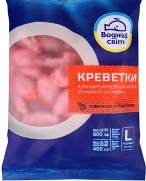 Креветки 70/90, 800 г Водний світ; на пакеті також нетто без глазурі 400 г; 01.10 08:00–14.10.2026 23:00; до вичерпання; в усіх/деяких магазинах; бали Родина не нарах.; стара=середня мережі